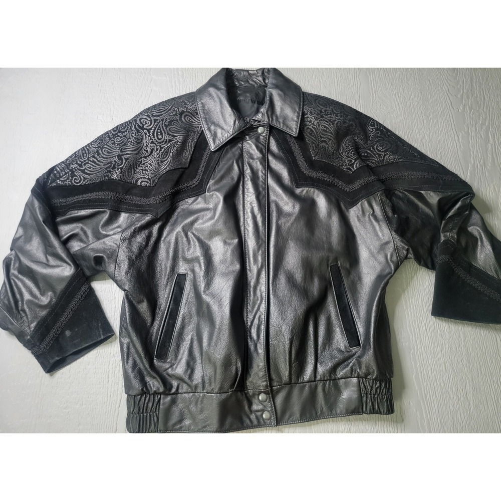 ♡Comint Vintage Black‎ Leather Paisley Western Bomber Jacket Made in Argentina S